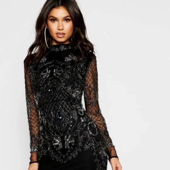 Boohoo Boutique | Dresses | Boohoo Boutique Black Embellished Midi Dress  Size 8 | Poshmark